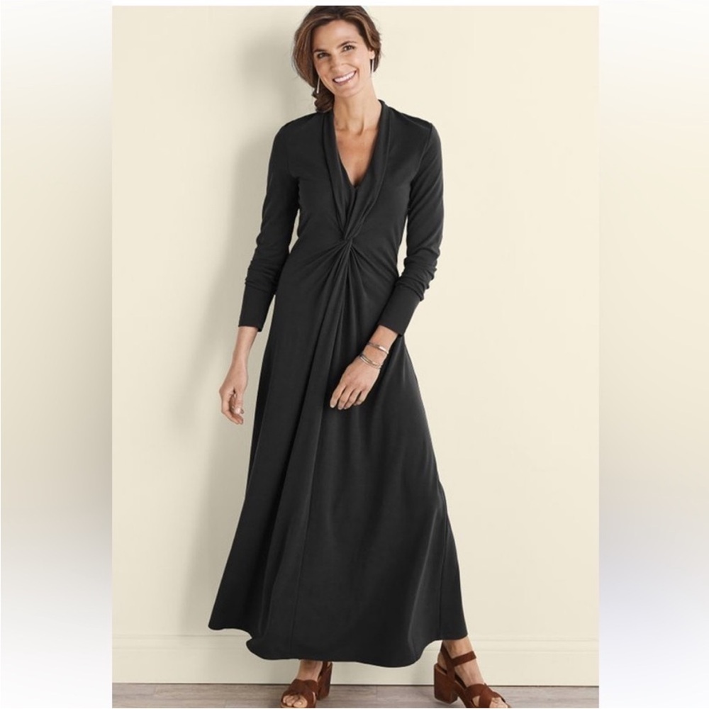 Soft Surroundings Lagia Maxi Dress Women Black Front Twist Ruching Ponte Knit XS